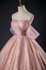 Prom Dressed Two Piece, Shiny Tulle Sequins Long Prom Dress, Pink Formal Dress Sweet 16 Dress