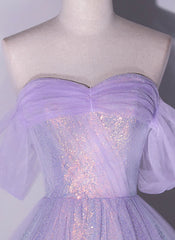 Sequin Dress, Shiny tulle sequins long purple prom dress A-line evening dress
