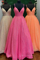 Homecoming Dresses Websites, Shiny Tulle V Neck Backless Hot Pink/Orange/Champagne Long Prom Dresses, Backless Hot Pink/Orange/Champagne Formal Graduation Evening Dresses