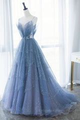 Nice Dress, Shiny Tulle V Neck Blue Long Prom Dress, Blue Tulle Formal Evening Dress, Blue Ball Gown