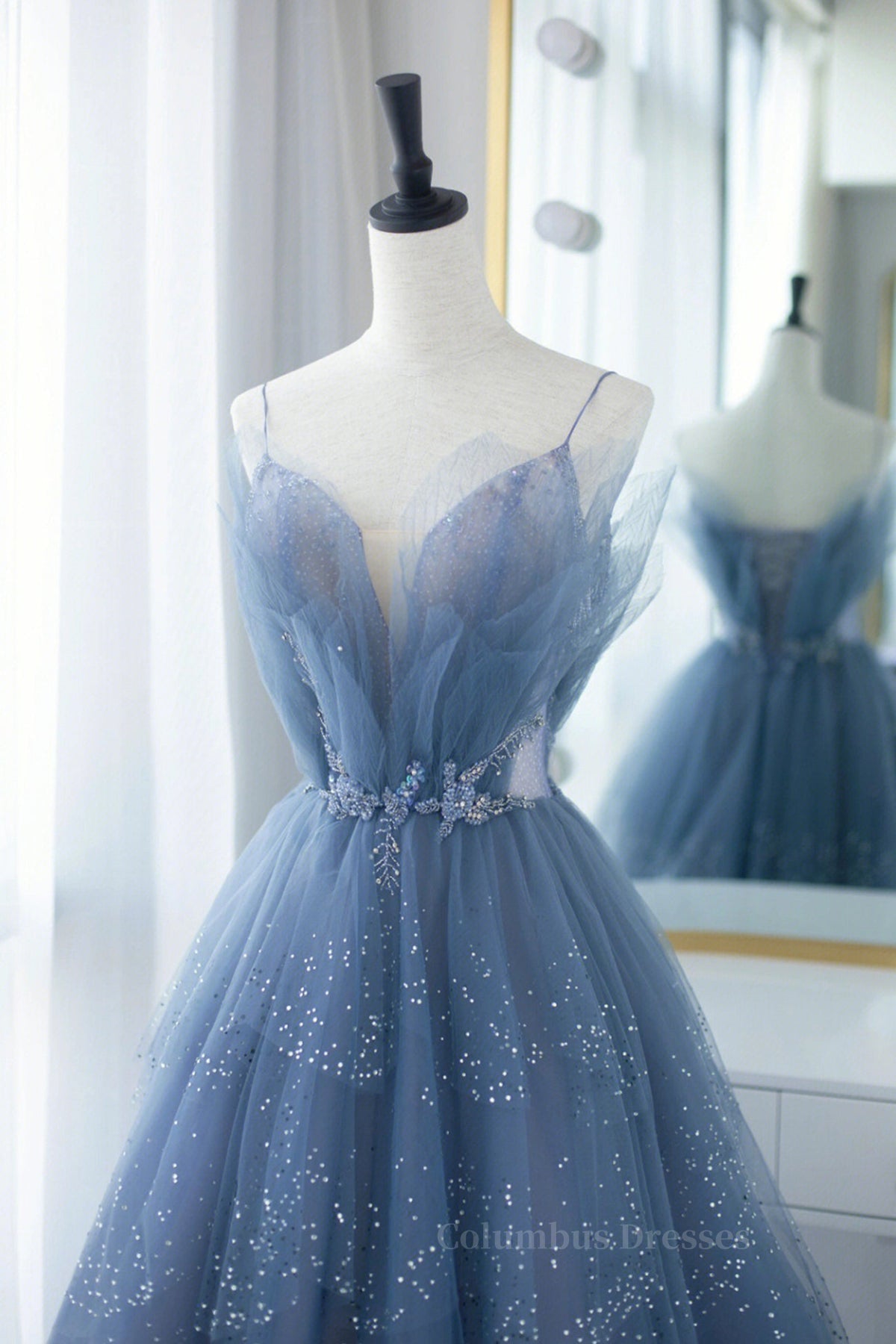 Elegant Wedding, Shiny Tulle V Neck Blue Long Prom Dress, Blue Tulle Formal Evening Dress, Blue Ball Gown