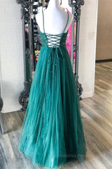 Bridesmaid Dresses Mismatched, Shiny V Neck Backless Beaded Green Tulle Long Prom Dress, Green Lace Formal Dress, Beaded Evening Dress