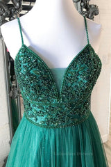 Bridesmaid Dress Long, Shiny V Neck Backless Beaded Green Tulle Long Prom Dress, Green Lace Formal Dress, Beaded Evening Dress
