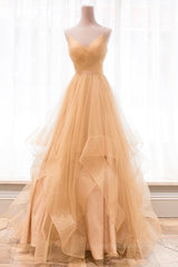 Modest Dress, Shiny V Neck Backless Golden Long Prom Dress, Backless Golden Formal Dress, Golden Evening Dress
