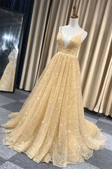 Prom Dress Colors, Shiny V Neck Backless Long Golden Prom Dress, Sparkly Golden Formal Dress, Golden Evening Dress