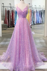 Bridesmaid Dress Formal, Shiny V Neck Backless Long Purple Prom Dress, Backless Lilac Formal Graduation Evening Dress