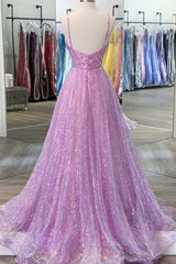 Bridesmaids Dresses Formal, Shiny V Neck Backless Long Purple Prom Dress, Backless Lilac Formal Graduation Evening Dress