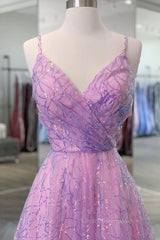 Bridesmaid Dresses Ideas, Shiny V Neck Backless Long Purple Prom Dress, Backless Lilac Formal Graduation Evening Dress