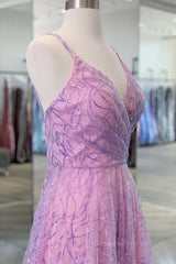 Bridesmaid Dresses Online, Shiny V Neck Backless Long Purple Prom Dress, Backless Lilac Formal Graduation Evening Dress