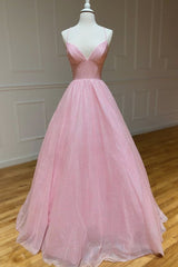 Prom Dresses Glitter, Shiny V Neck Backless Pink Long Prom Dress, Backless Pink Formal Graduation Evening Dress