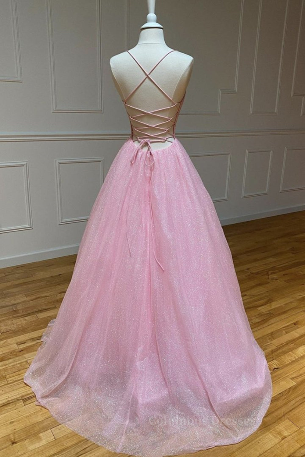 Prom Dress Glitter, Shiny V Neck Backless Pink Long Prom Dress, Backless Pink Formal Graduation Evening Dress