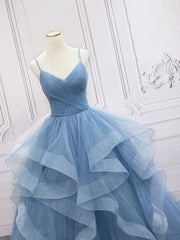 Bridesmaids Dresses Blue, Shiny V Neck Blue Prom Dresses, Shiny V Neck Blue Formal Evening Dresses