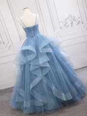 Bridesmaid Dress Blue, Shiny V Neck Blue Prom Dresses, Shiny V Neck Blue Formal Evening Dresses