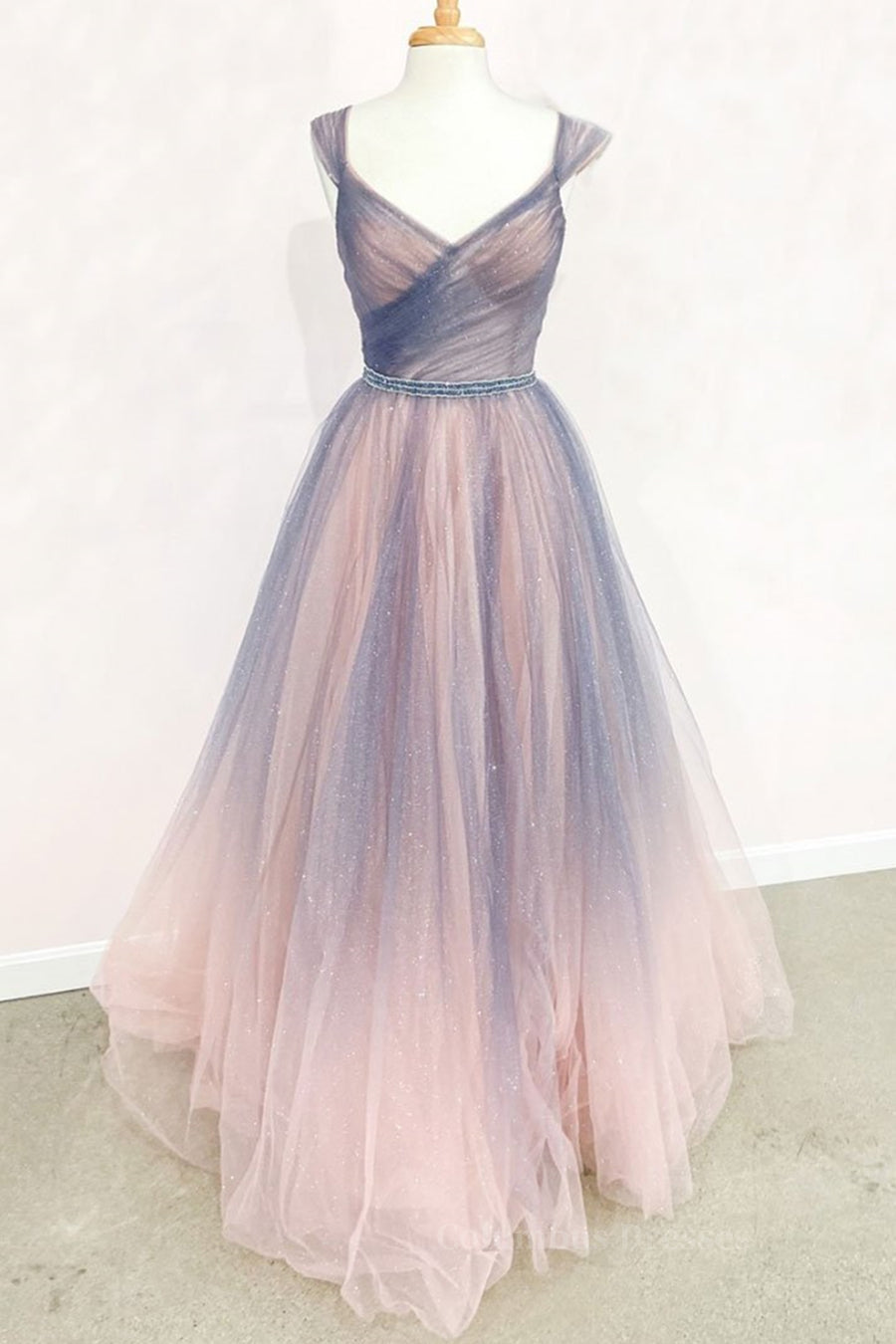 Classy Dress, Shiny V Neck Colorful Champagne Long Prom Dress, Champagne Formal Evening Dress