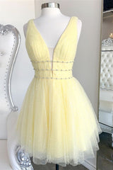 Dress Outfit, Shiny V Neck Open Back Yellow Tulle Short Prom Dress, V Neck Yellow Formal Graduation Homecoming Dress