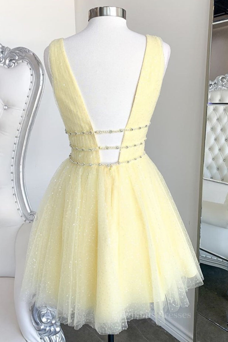 Quinceanera Dress, Shiny V Neck Open Back Yellow Tulle Short Prom Dress, V Neck Yellow Formal Graduation Homecoming Dress