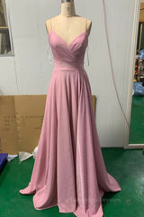 Prom Dress Colors, Shiny V Neck Pink Long Prom Dresses, Pink V Neck Long Formal Evening Dresses
