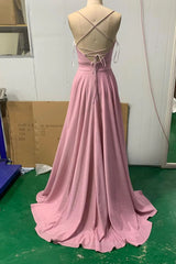 Prom Dresses Colorful, Shiny V Neck Pink Long Prom Dresses, Pink V Neck Long Formal Evening Dresses