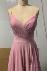 Prom Dress Color, Shiny V Neck Pink Long Prom Dresses, Pink V Neck Long Formal Evening Dresses