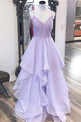 Party Dress White, Shiny V Neck Purple Lace Long Prom Dresses, Purple Lace Formal Evening Dresses, Purple Ball Gown