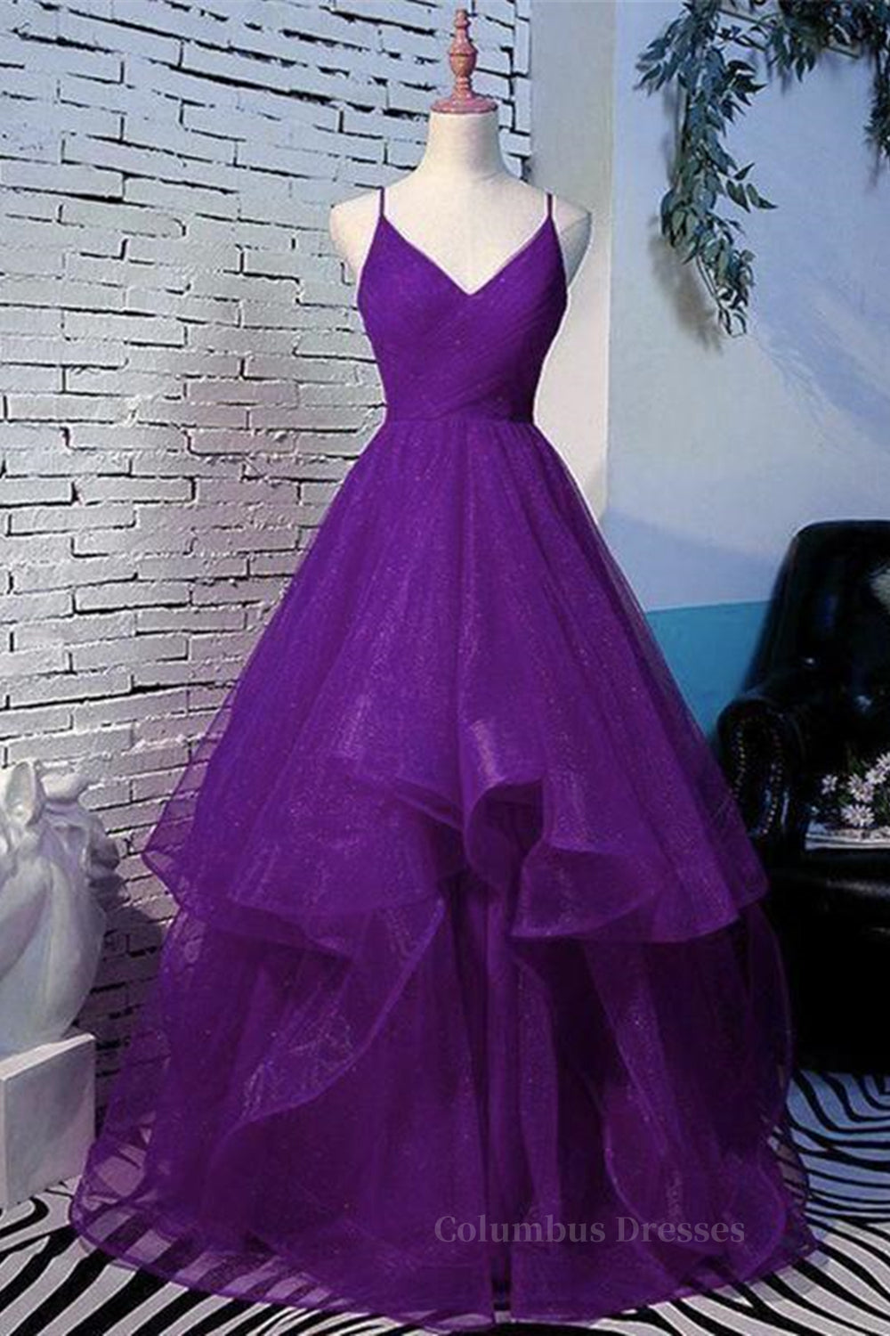 Party Dress Purple, Shiny V Neck Purple Long Prom Dresses, Long Purple Formal Evening Dresses, Purple Ball Gown