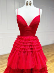 Bridesmaid Dresses Website, Shiny V Neck Red High Low Prom Dresses, V Neck High Low Red Formal Evening Dresses