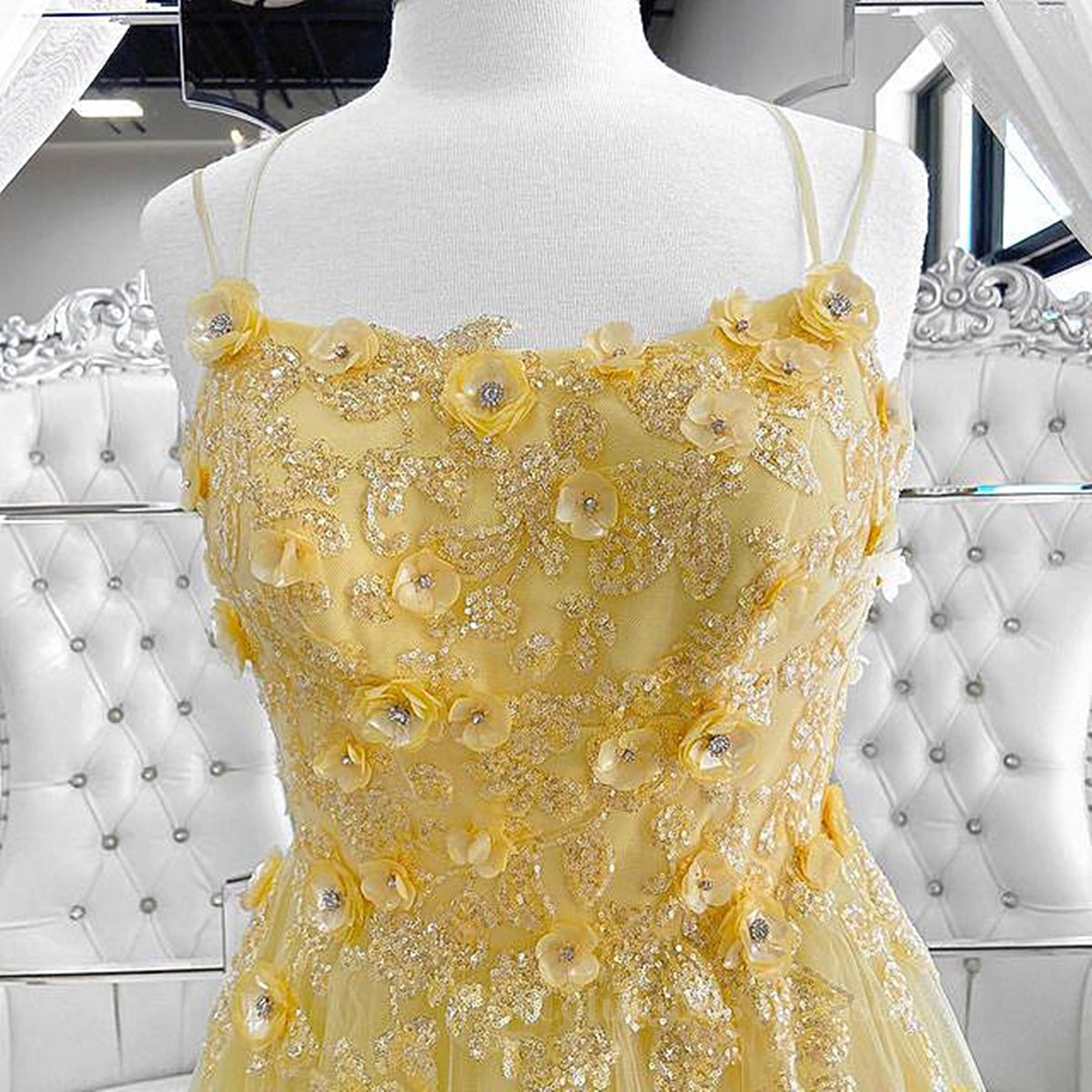Prom Dress With Tulle, Shiny Yellow Lace Floral Prom Dresses, Shiny Yellow Lace Floral Formal Evening Dresses