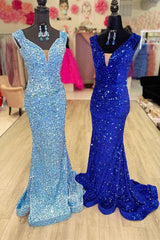Prom Dresses For Girls, Blue Sequin V-Neck Lace-Up Mermaid Long Formal Dress