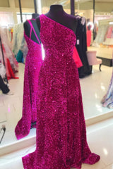 Homecoming Dress Sparkle, Purple Sequin One-Shoulder Backless A-Line Long Prom Dress