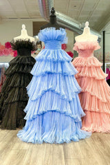Prom Dress Sale, Candy Pink Tulle A-line Strapless Ruffles layers Long Prom Dress