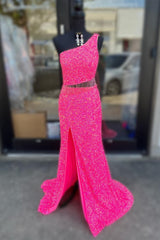 Formal Dresses Cheap, Fuchsia One Shoulder Sequins Tassels Cut-Out Long Prom Dress with Slit