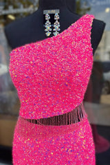 Formal Dress Trends, Fuchsia One Shoulder Sequins Tassels Cut-Out Long Prom Dress with Slit