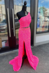 Formal Dresses Ideas, Fuchsia One Shoulder Sequins Tassels Cut-Out Long Prom Dress with Slit