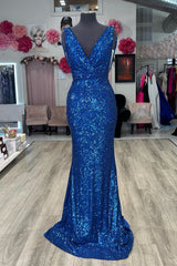 Evening Dresses Elegant, Royal Blue Plunging V Neck Sequins Mermaid Long Prom Dress
