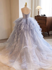 Engagement Dress, Blue Tulle Long Prom Gown, Blue Tulle Long Sweet 16 Dress