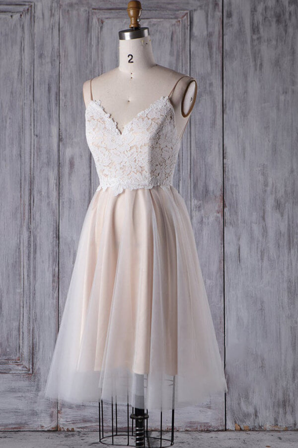 Wedding Dresses Boutiques, Short A-line Spaghetti Strap Lace Tulle Wedding Dress