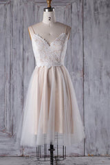 Wedding Dress Shapes, Short A-line Spaghetti Strap Lace Tulle Wedding Dress
