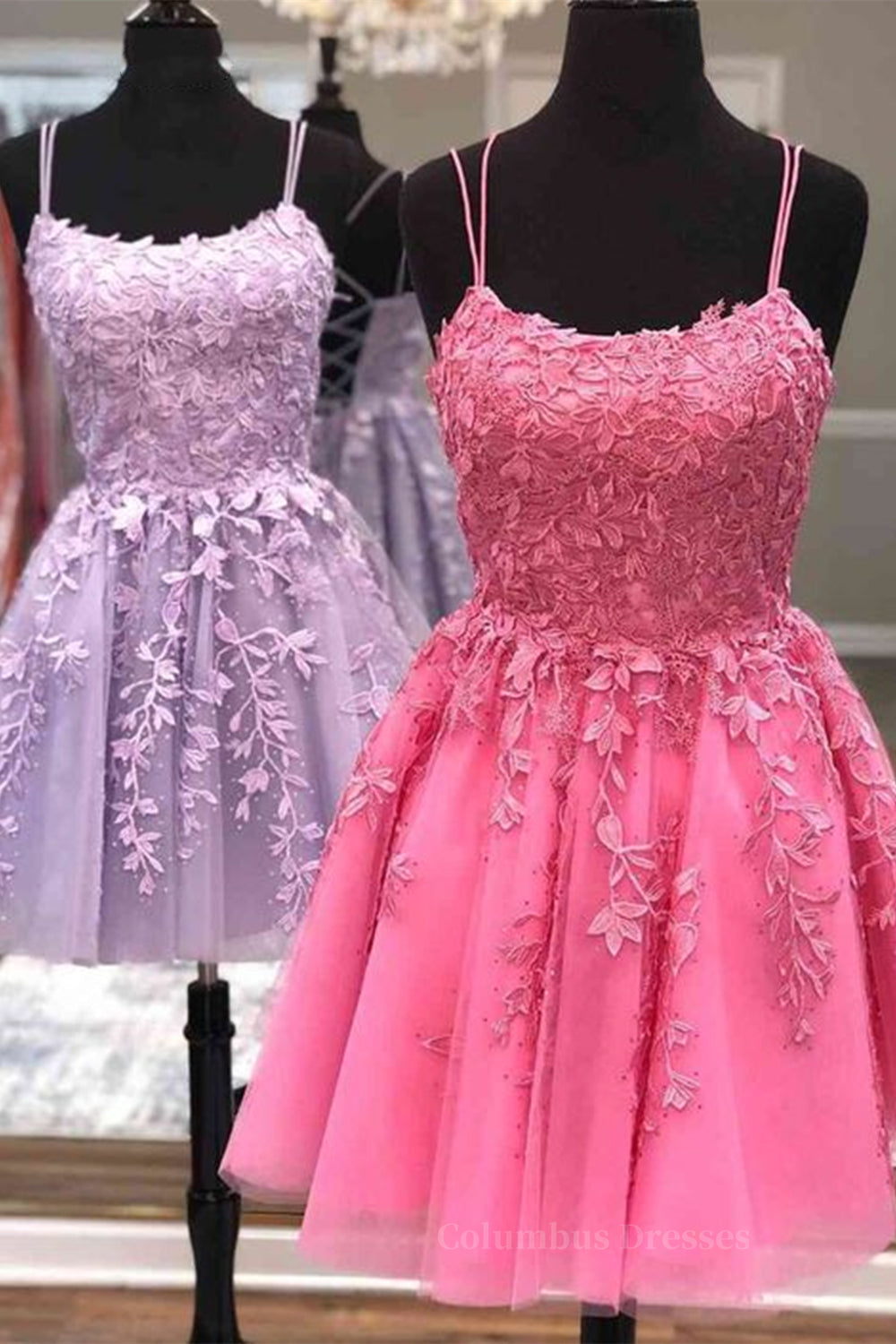 Party Dress Long Sleeve, Short A Line Thin Straps Lace Prom Dress, Lace Homecoming Dress, Short Formal Evening Dress