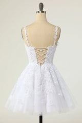 Summer Wedding Guest Dress, Short A-line V-neck Tulle Lace Backless Prom Dress white Homecoming Dresses