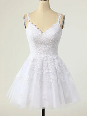 Orange Dress, Short A-line V-neck Tulle Lace Backless Prom Dress white Homecoming Dresses