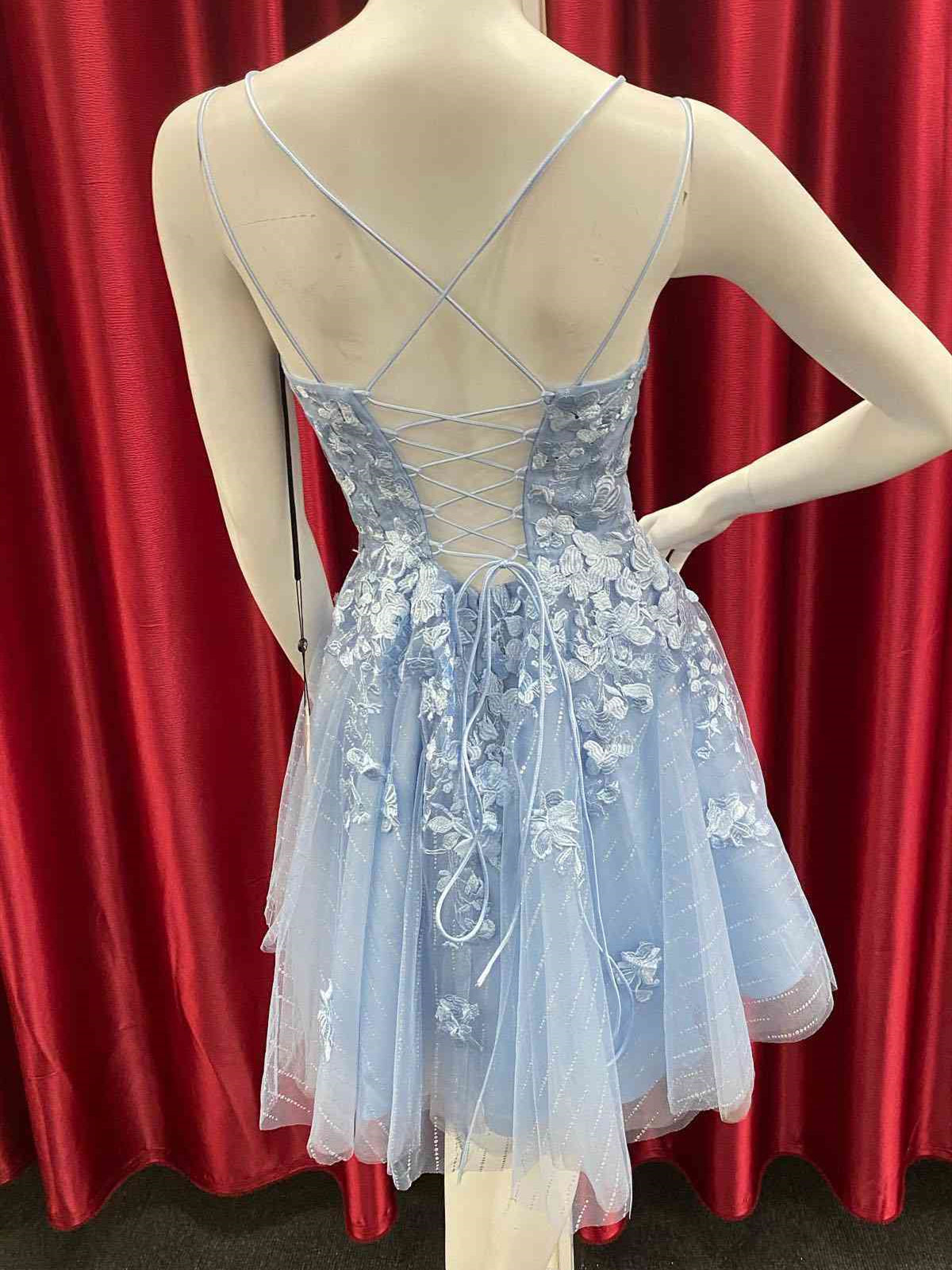 Red Carpet Dress, Short Backless Blue Lace Prom Dresses, Short Open Back Blue Lace Formal Homecoming Dresses
