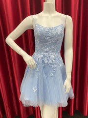 Corset Dress, Short Backless Blue Lace Prom Dresses, Short Open Back Blue Lace Formal Homecoming Dresses