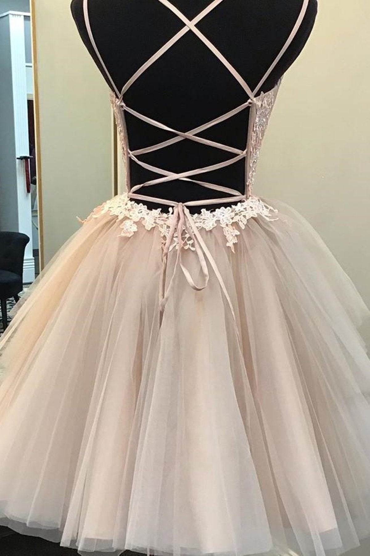Prom Dress Lace, Short Backless Champagne Lace Prom Dresses, Short V Neck Champagne Lace Graduation Homecoming Dresses