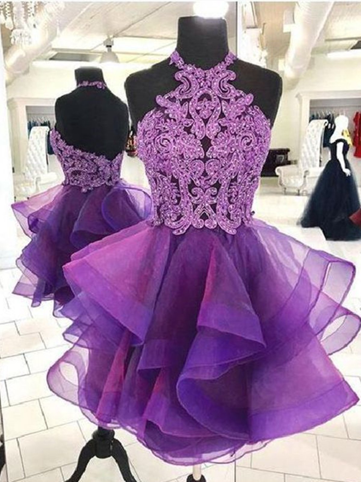 Prom Dresses 2030, Short Backless Purple Organza Lace Prom Dresses, Short Purple Lace Formal Homecoming Dresses