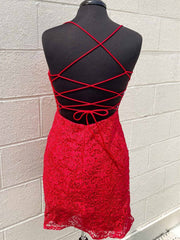 Purple Prom Dress, Short Backless Red Lace Prom Dresses, Open Back Short Red Lace Formal Homecoming Dresses