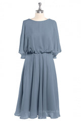 Party Dresses For 49 Year Olds, Short Blouson Bodice Dusty Blue Bridesmaid Dresss