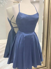 Flower Girl, Short Blue Gray Backless Prom Dresses, Open Back Blue Gray Short Formal Homecoming Dresses