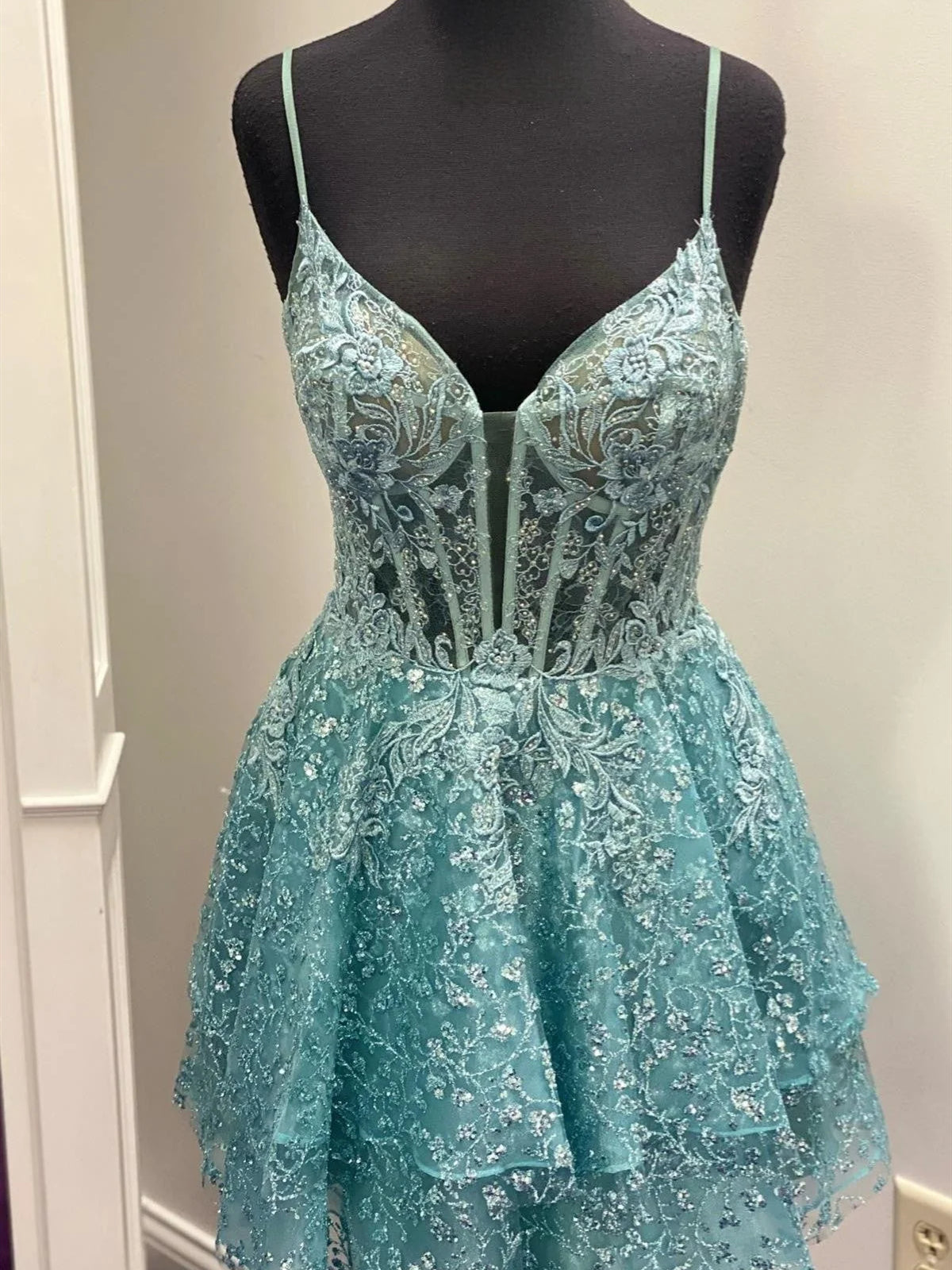 Fairytale Dress, Short Blue Lace Prom Dresses, Short Blue Lace Formal Homecoming Dresses