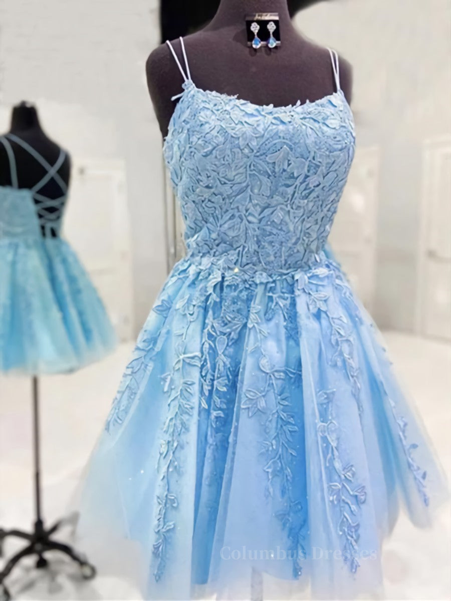 Formal Dresses For Woman, Short Blue Lace Prom Dressses, Short Blue Lace Formal Homecoming Dresses