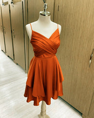 Formal Dresses For Black Tie Wedding, Short Burnt Orange Satin Cocktail Dresses V-neck Semi Formal Dress
